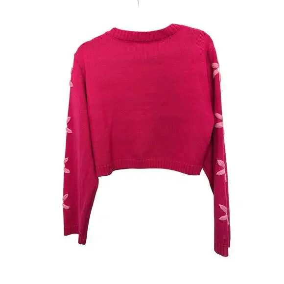 Altar'd State Pink Crew Neck Cropped Pullover Sweater w/ Flowers sz L New - Picture 2 of 7
